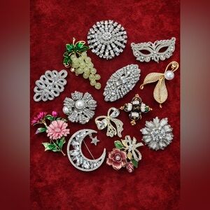 THIRTEEN Beautiful Brooches Rhinestone, Enameled, Pearl and more